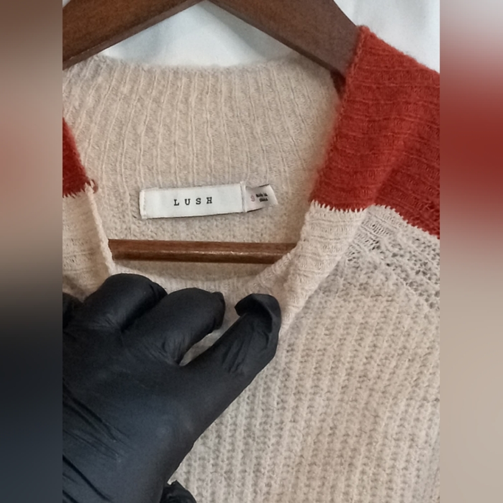 Lush Colorblock Crewneck Cream Rust Olive Green Small Scandi Neutral Preppy Soft - Picture 3 of 5